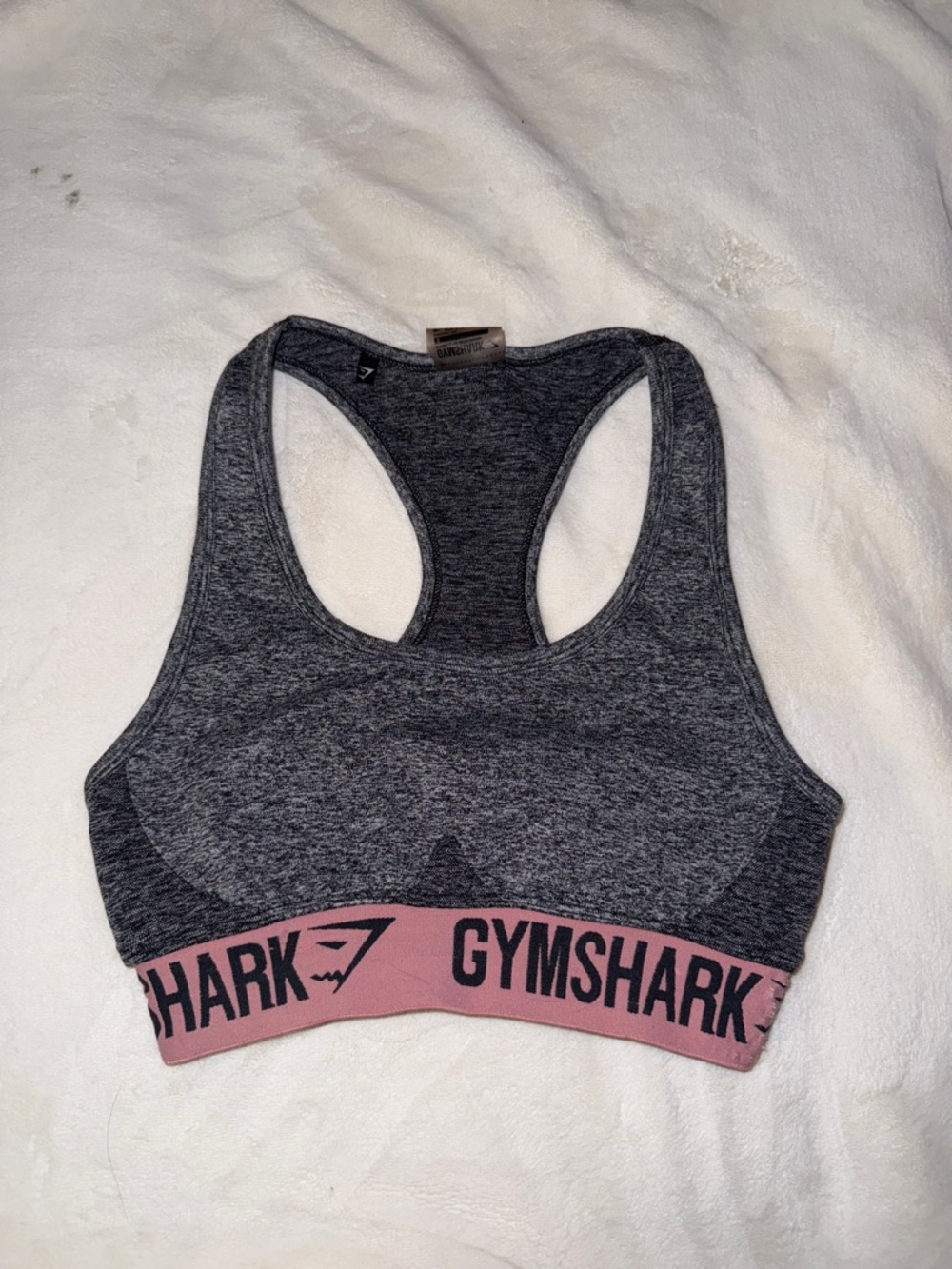 Gymshark Dark Gray Seamless Racerback Sports Bra with Pink Logo Band